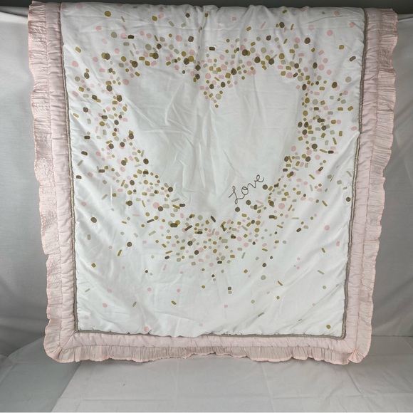 Lambs & Ivy Other - Lambs & Ivy Baby Blanket Pink Gold Confetti Heart Ruffle Trim 2016
